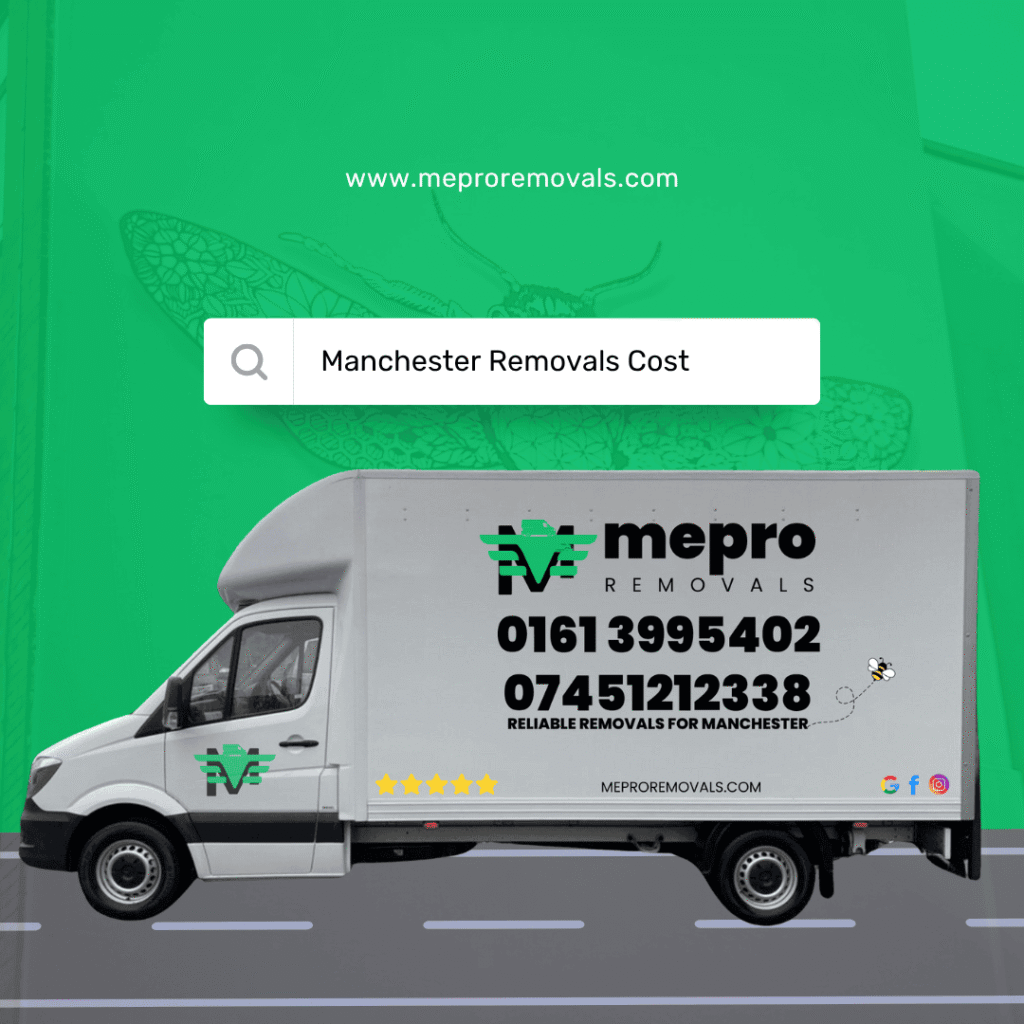 An image illustrating a search for the Manchester Removals Cost, with the Mepro Removals van positioned as the expert answer.