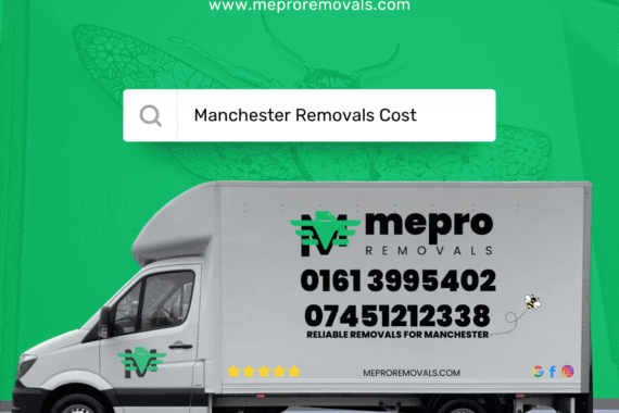An image illustrating a search for the Manchester Removals Cost, with the Mepro Removals van positioned as the expert answer.