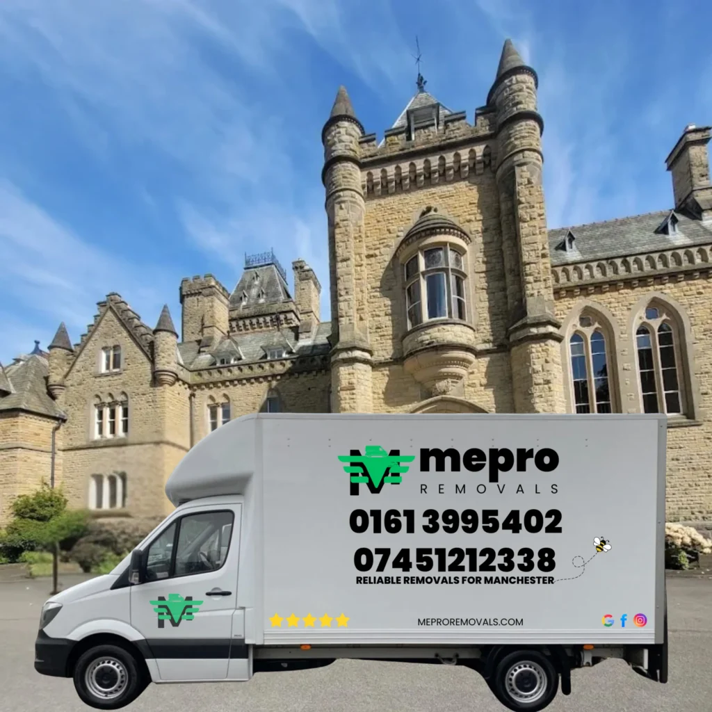 The Mepro Removals team executing professional Pre-Renovation Removals Manchester, carefully wrapping a large armchair in protective material.
