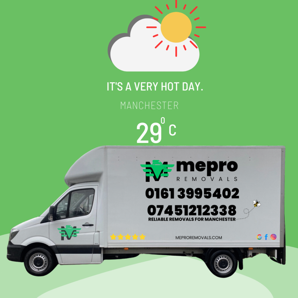 The Mepro Removals team executing flawless Manchester Heatwave Removals, wearing breathable uniforms and hydrating during a scheduled break.