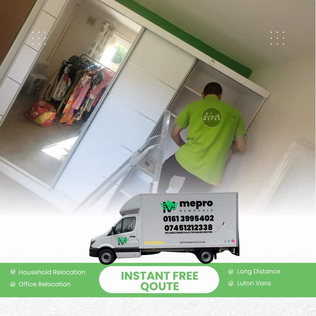 A Mepro Removals expert using a professional-grade cordless driver to meticulously dismantle a large oak wardrobe, showcasing the precision of the Furniture Disassembly Service Manchester.
