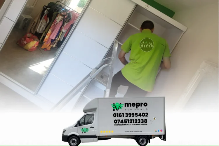 A Mepro Removals expert using a professional-grade cordless driver to meticulously dismantle a large oak wardrobe, showcasing the precision of the Furniture Disassembly Service Manchester.
