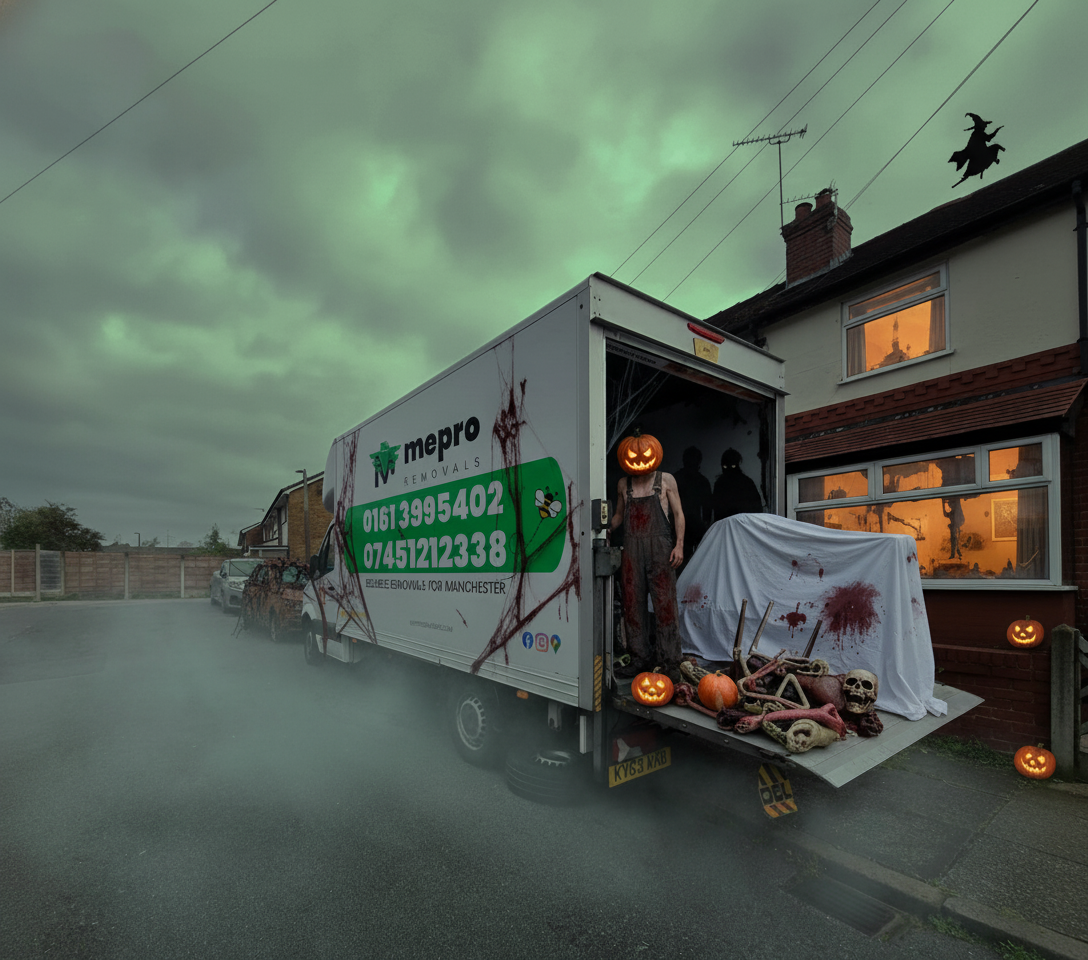 Mepro Removals expert carefully installing a washing machine in a tight Manchester bathroom space, avoiding damage.
