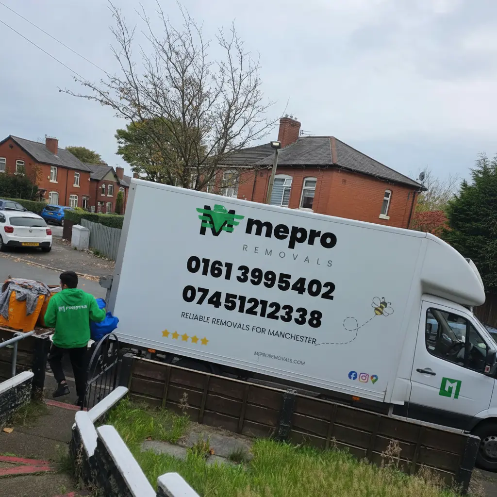 Mepro Removals van parked on a residential street in Fallowfield for a mid-term student move in Manchester.